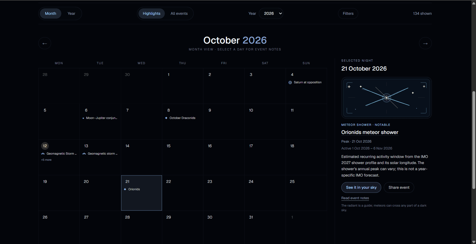 Asterisms sky-events calendar for October 2026 with the Orionids meteor shower selected