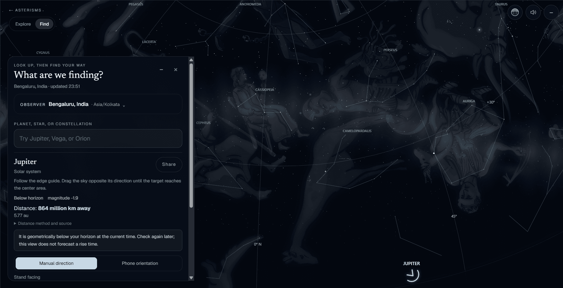 Asterisms Find panel guiding the viewer to Jupiter, which is below the horizon, with its distance in kilometres