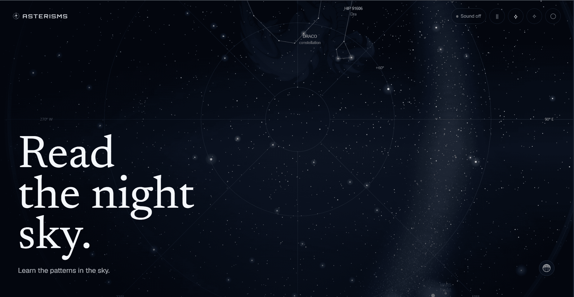Asterisms landing screen: a polar star chart with the headline Read the night sky