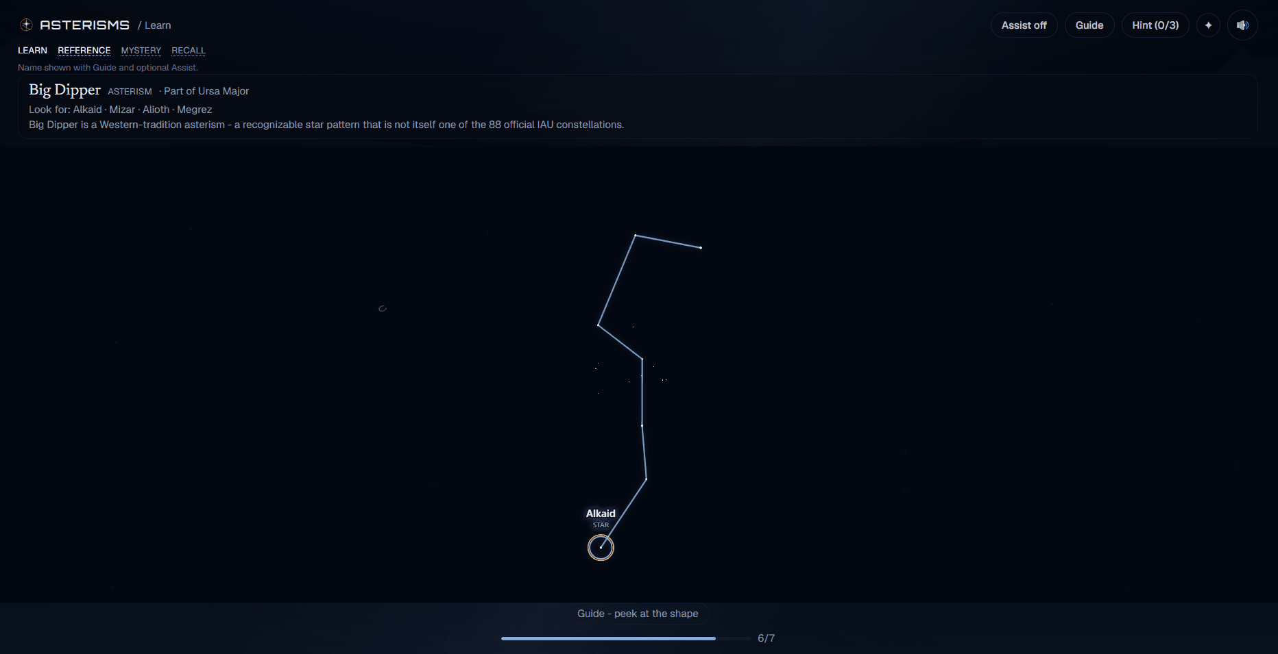 Asterisms Learn mode for the Big Dipper: a line figure with Alkaid highlighted and a six of seven progress bar