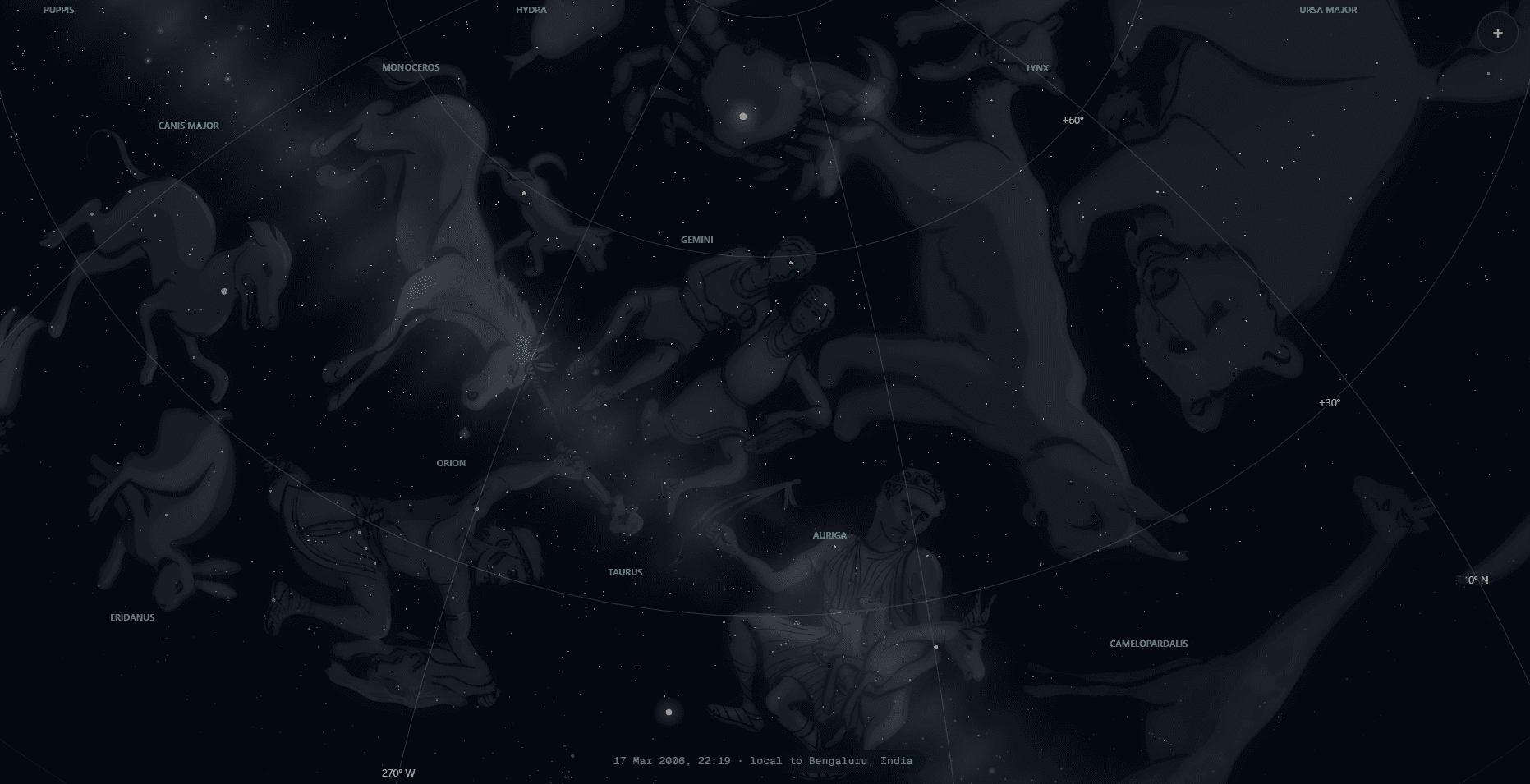 Asterisms showing the sky as it was on 17 March 2006, with Orion, Gemini and Auriga artwork