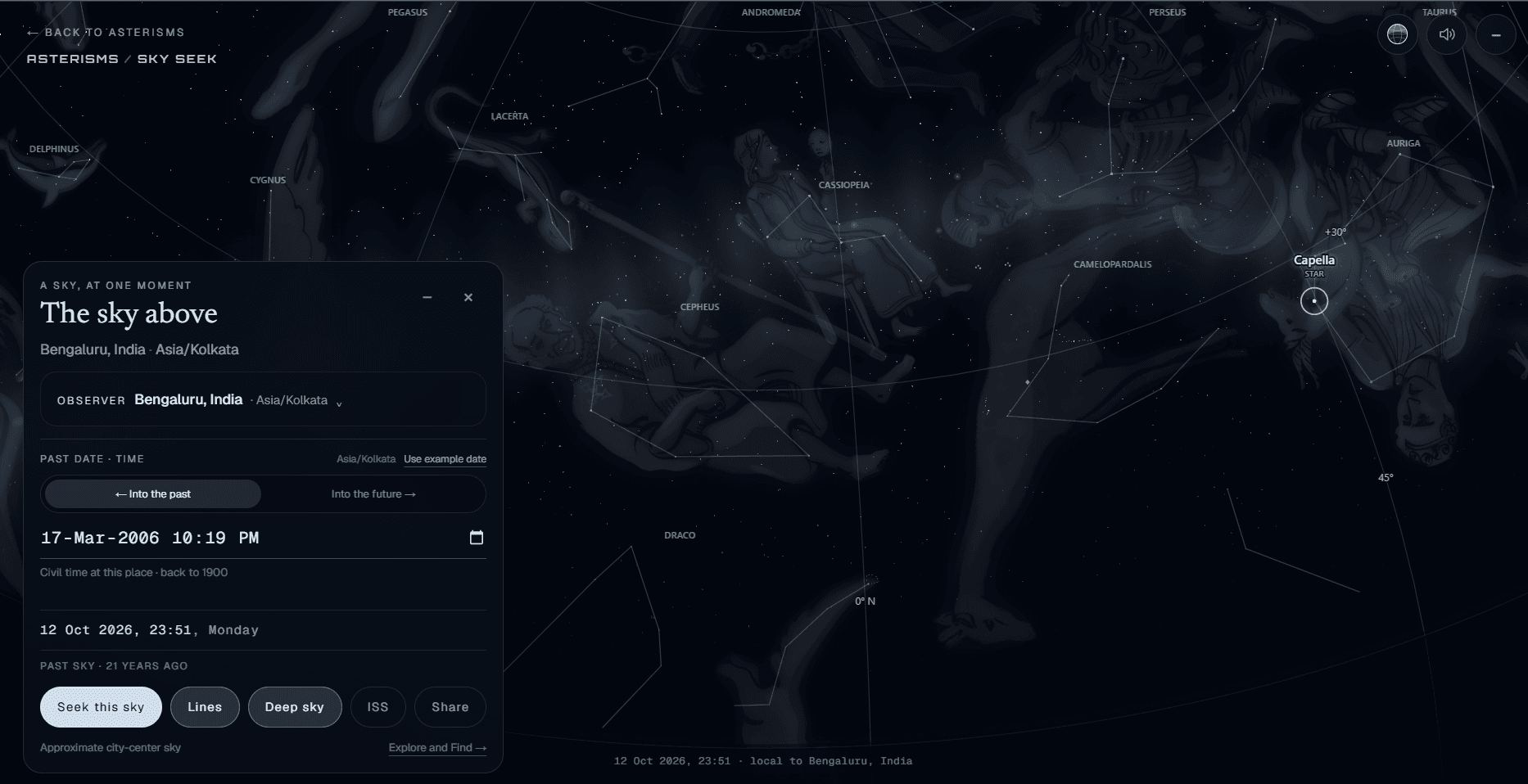 Asterisms Sky Seek panel for choosing a past date and time back to 1900, over the constellation artwork