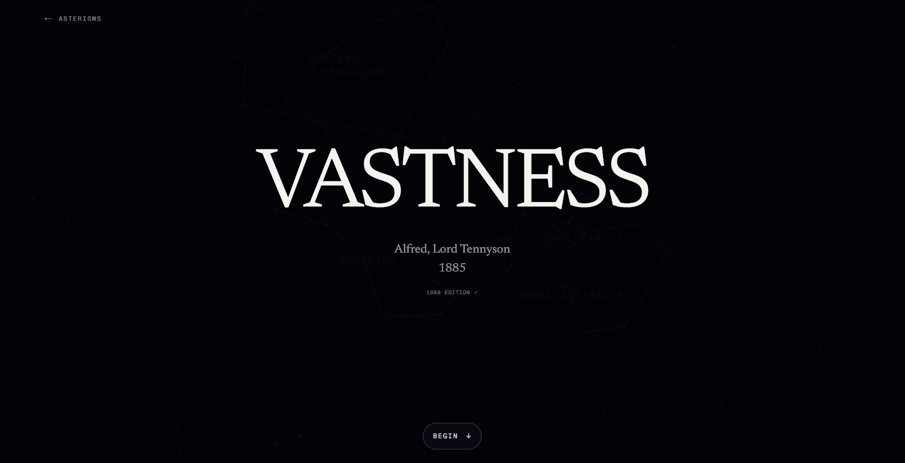 Asterisms reading page for the poem Vastness by Alfred, Lord Tennyson, 1885