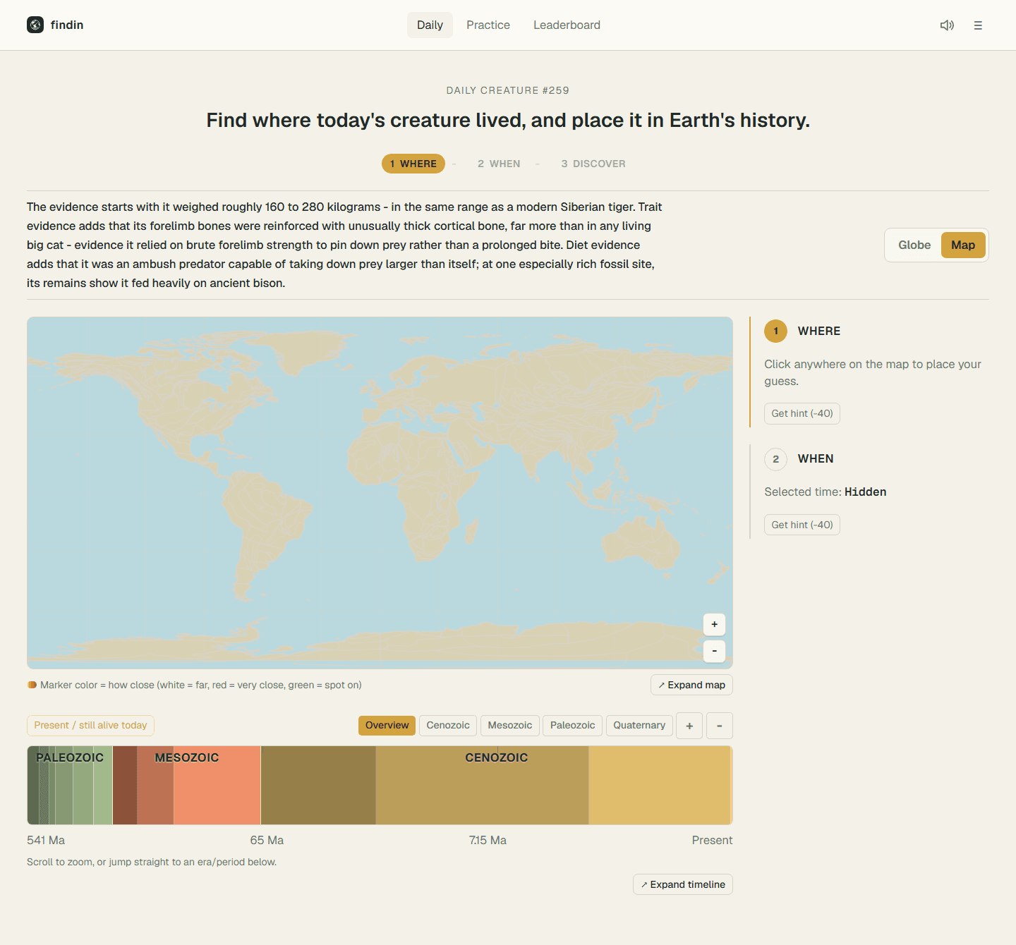 Findin Daily Creature 285: the WHEN geological time bar, the WHERE world map and the field notes for the cheetah