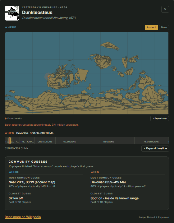 Findin's yesterday's creature, Dunkleosteus, on a map of Earth reconstructed to about 371 million years ago, with the Devonian highlighted on the time bar