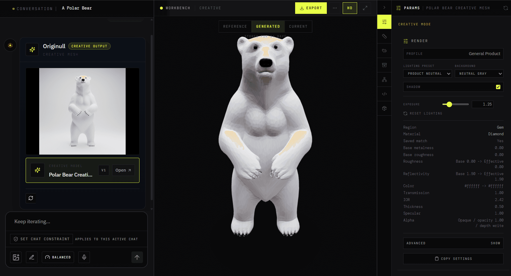 Originull workspace: the conversation with a reference photo of a polar bear, the generated low-poly bear on the workbench, and the render parameters