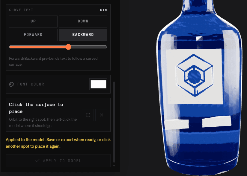 Originull decal tool placing a logo and text onto a blue bottle, with curve text controls