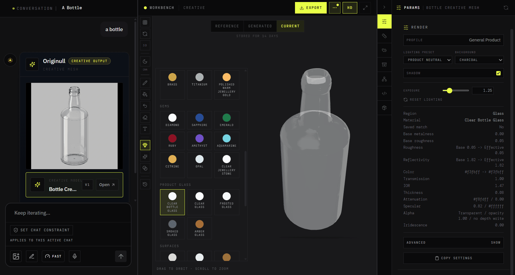 Originull workspace with a generated glass bottle on the workbench and the material library open on Clear bottle glass