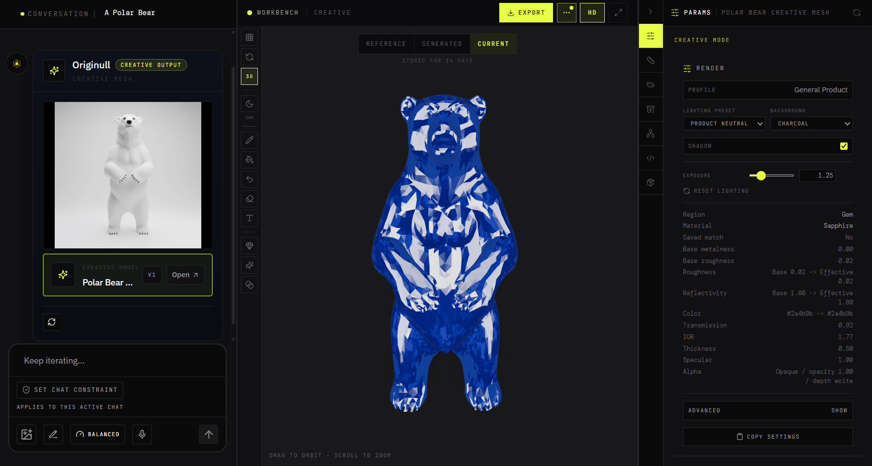 Originull workspace showing the same polar bear mesh with a sapphire gem material and its parameters
