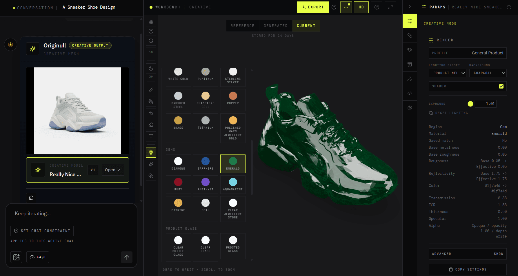 Originull workspace showing the sneaker in an emerald gem material beside the material library