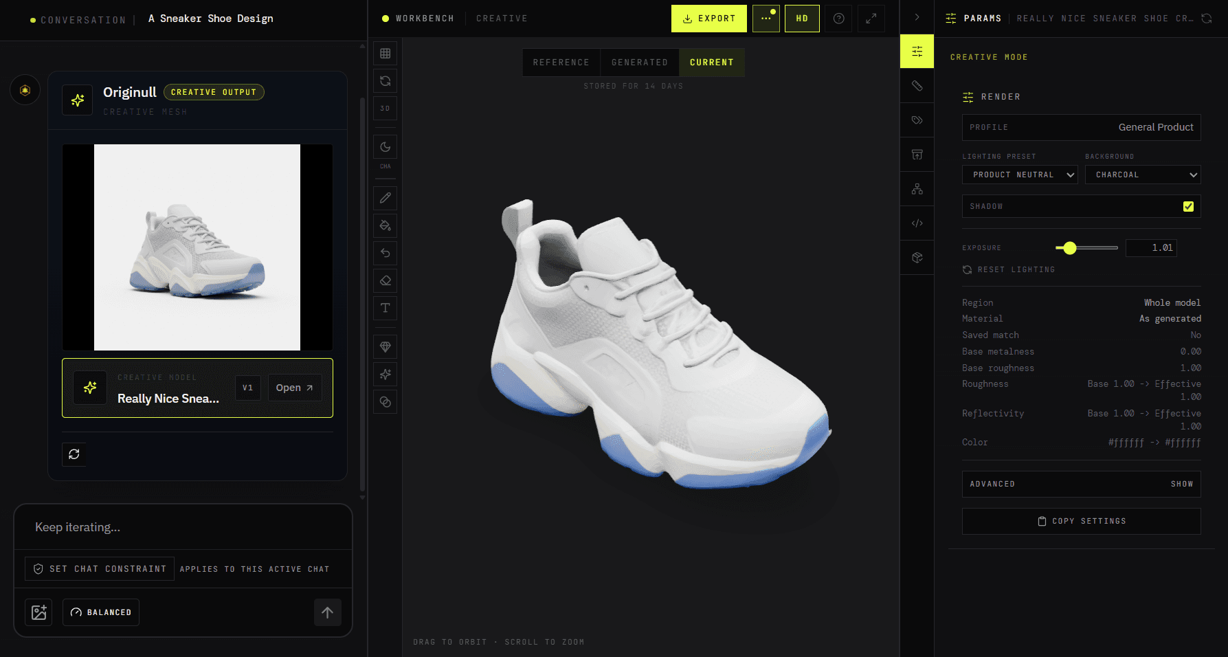 Originull workspace: a reference photo of a white sneaker beside the generated 3D sneaker on the workbench