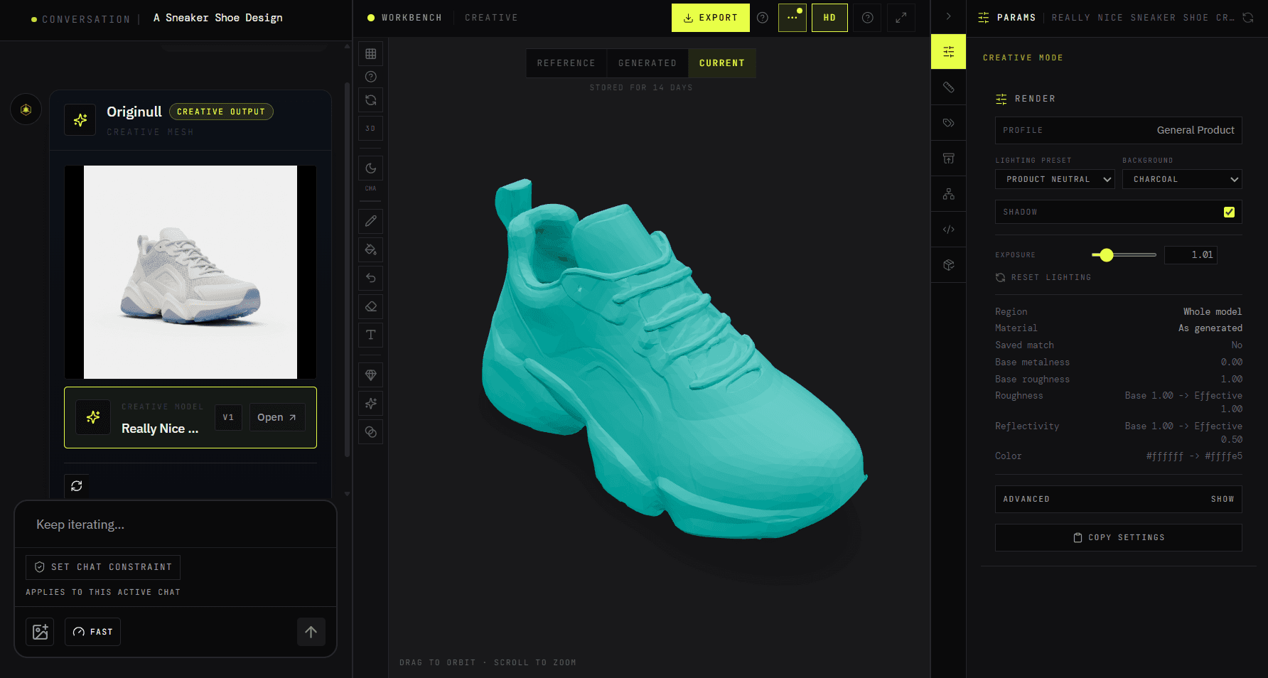Originull workspace showing the generated sneaker in a flat teal colour
