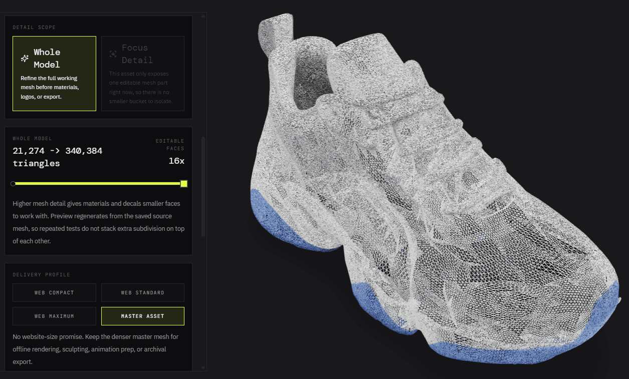 Originull mesh detail panel with a sneaker wireframe refined from 21,274 to 340,384 triangles and the Master asset delivery profile selected