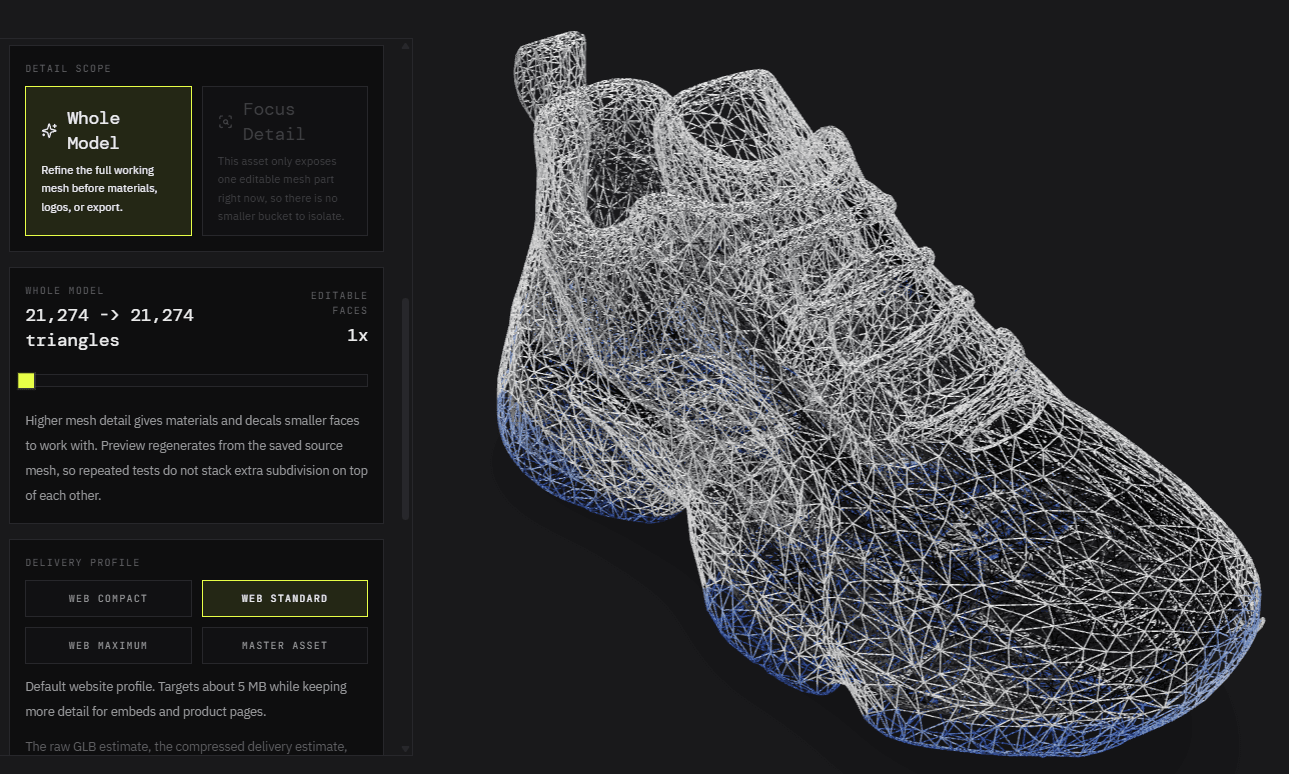 Originull mesh detail panel with the sneaker wireframe at 21,274 triangles and the Web Standard delivery profile selected